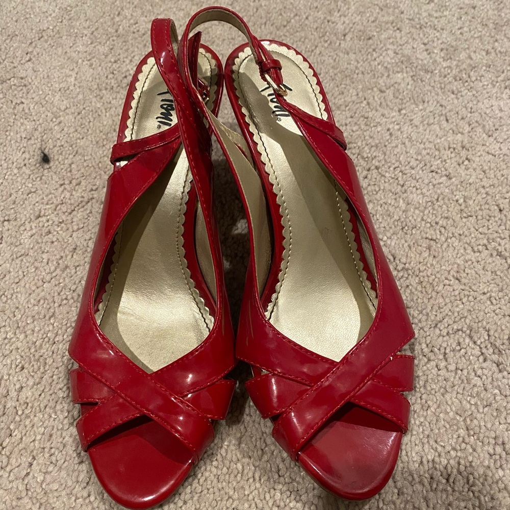 Red low heel shoes